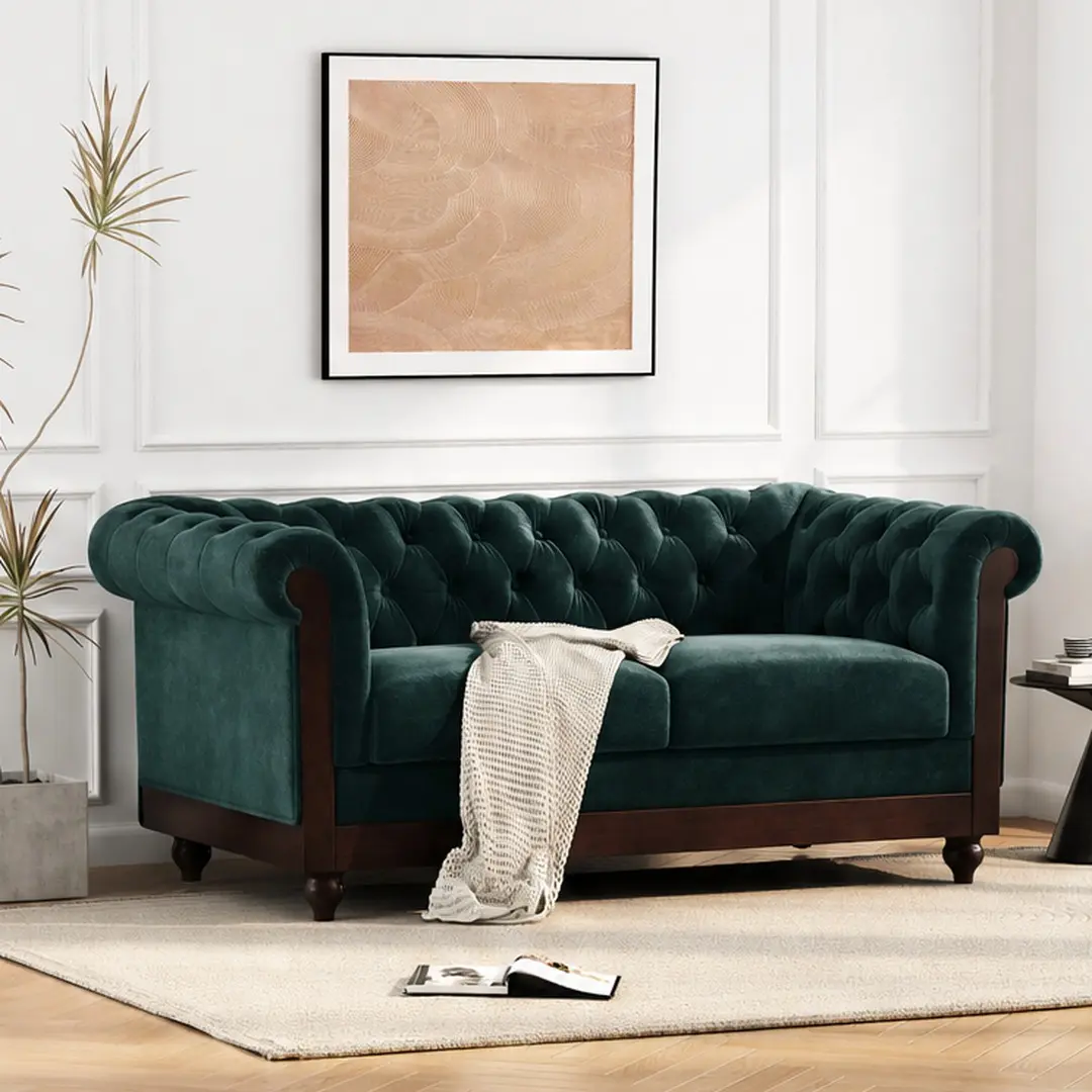 Classic Chesterfield ARCH Button Tufted Rolled Arms Velvet Loveseat Sofa, 59.44"w x34"d x26.57"h, Sturdy Pine Wood Frame, 2-Seat Space Saving Furniture, 300 lbs Per Seat, Luxury Bedroom/Living Room Couch, Dark Green/Black Options, Assembly Required