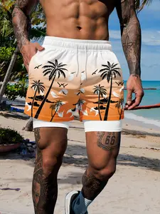 Men's Gradient Palm Tree Beach Shorts, Dual Layer Anti-Slip, Casual Sporty Quick-Dry Swimwear, Drawstring Waist, All-Over Print, Swim Bottoms