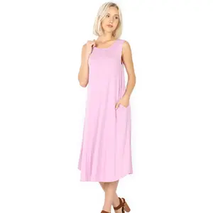 VISCOSE SLEEVELESS ROUND NECK DRESS WITH SIDE POCKETS