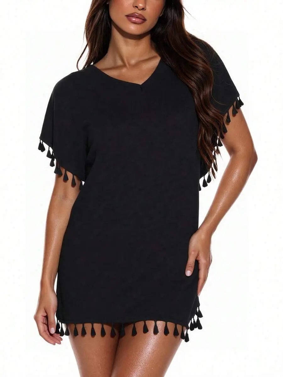 Swim Summer Beach Ladies' Solid Fringe Batwing Sleeve Side Slit Cover Up!!!