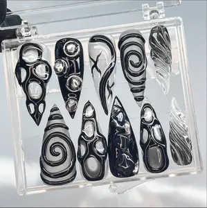 3D Black Clear Transparent Stiletto Goth Press On Nails, Handpainted Luxury Acrylic Gothic Fake Nails, Emo Y2K Style