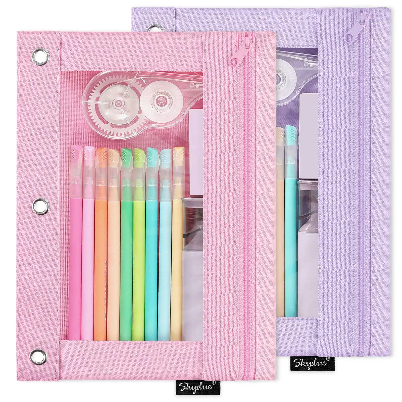 SKYDUE 3 Ring Binder Pencil Pouch with Clear Window, Smooth Zipper & Reinforced Grommets