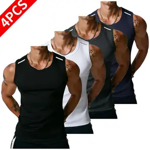 Pack of 4 — Men’s mesh tank tops, lightweight knit sleeveless T-shirts, 150 GSM, 100% polyester fabric, loose fit, a gym essential for muscular men, men’s tops