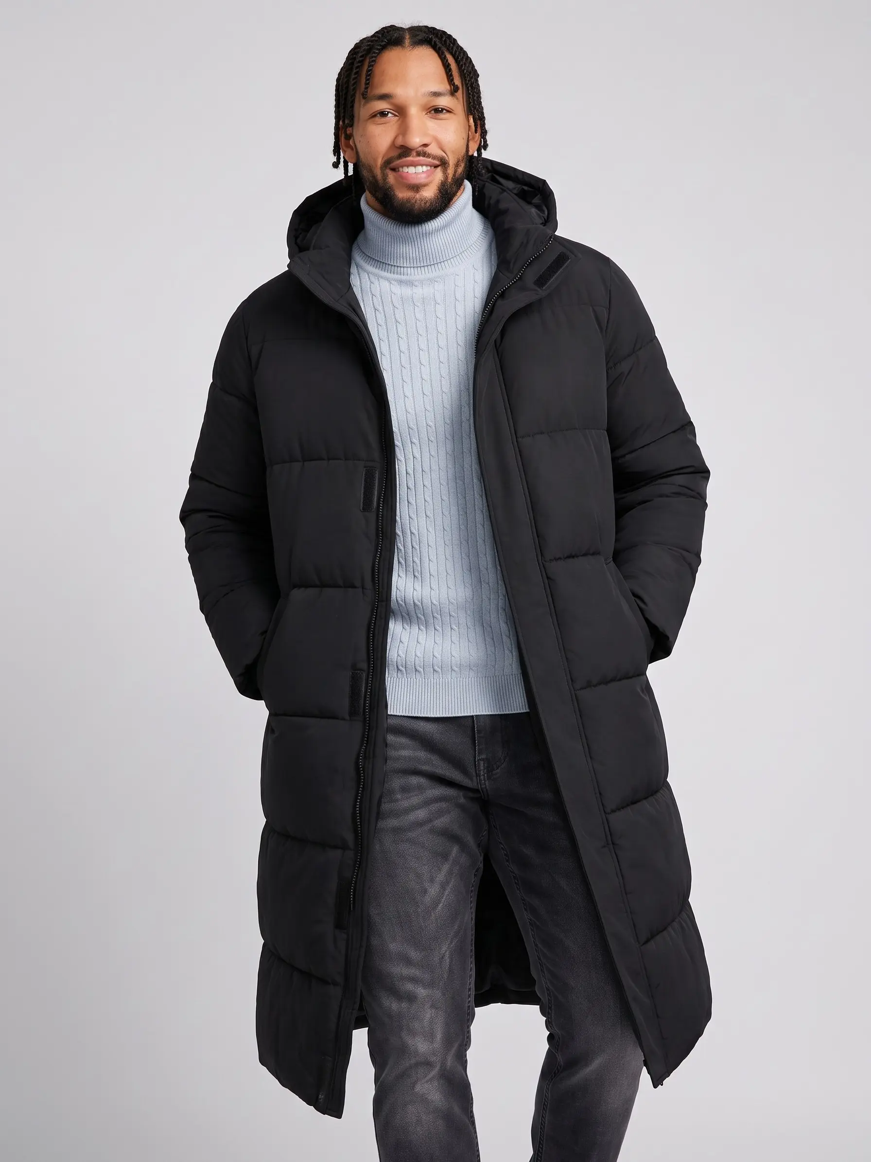 KZZ Men's Sleek Solid Color Upgrade Medium Length Hooded Long Sleeve Thermal Down Coat - Waterproof, Snow-Proof, Zipper Closure, Quick On/Off, Wind-Blocking Zipper Hood with Instant Coverage, Casual Menswear with Pocket