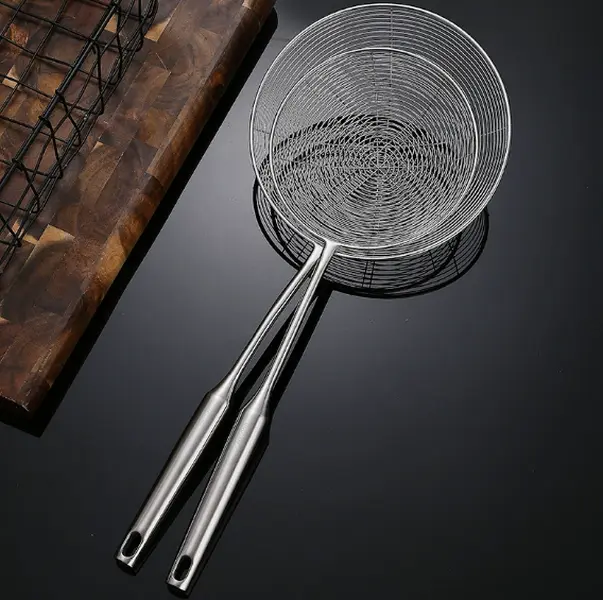 Heavy Duty Stainless Steel Skimmer Spoon Woven Wire Mesh Deep Strainer With Anti-scald Handle For Deep Frying Pasta Vegetable Blanching