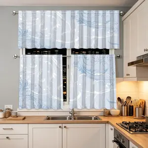 3pcs Blue Floral Pattern Elegant Curtains, Kitchen Living Room Decor Valance Set, Cafe Restaurant Home Drapes, Multi-Scene Use, Gift for Family Friends