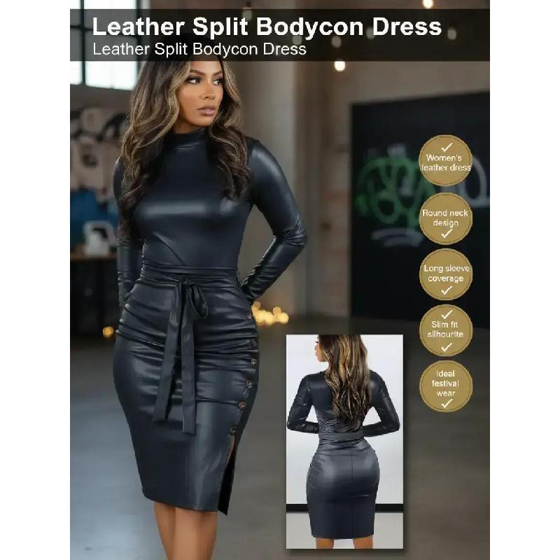 Women's Leather Split Dress, Round Neck Long Sleeve Slim Fit Bodycon, Black Fashion Festival Wear, All Seasons Woven Fabric