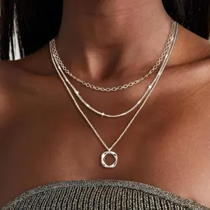 Layered Silver Plated Necklace Set for Women - Stackable Choker Paperclip Strip Chain with Circle Pendant Trendy Jewelry