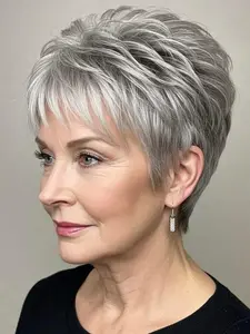 Gray Gold Gradient Short Hair Straight Wig for Women, Heat-Resistant Synthetic, Full Head Cover, Natural Fluffy, All Seasons