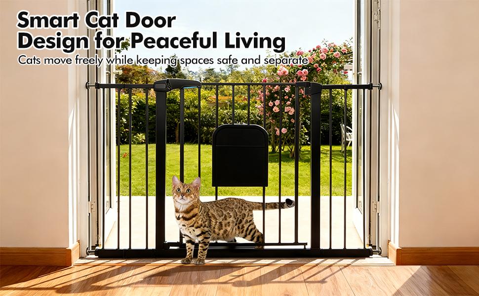 Adjustable Pet Gate with Cat Door, Auto-Close Pressure-Mounted Safety Gate for Doorways & Stairs – Ideal for Multi-Pet Homes (29–45 Inches, White/black)