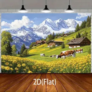 2D Flat, 2D Flat Banner, 1pc Alpine Mountain Scenery Backdrop with Snow-capped Mountains, Wooden Cabins, and Grazing Cows - Suitable for Prop Party Decoration Background - Flag Suitable for Birt, Birthday, Polyester