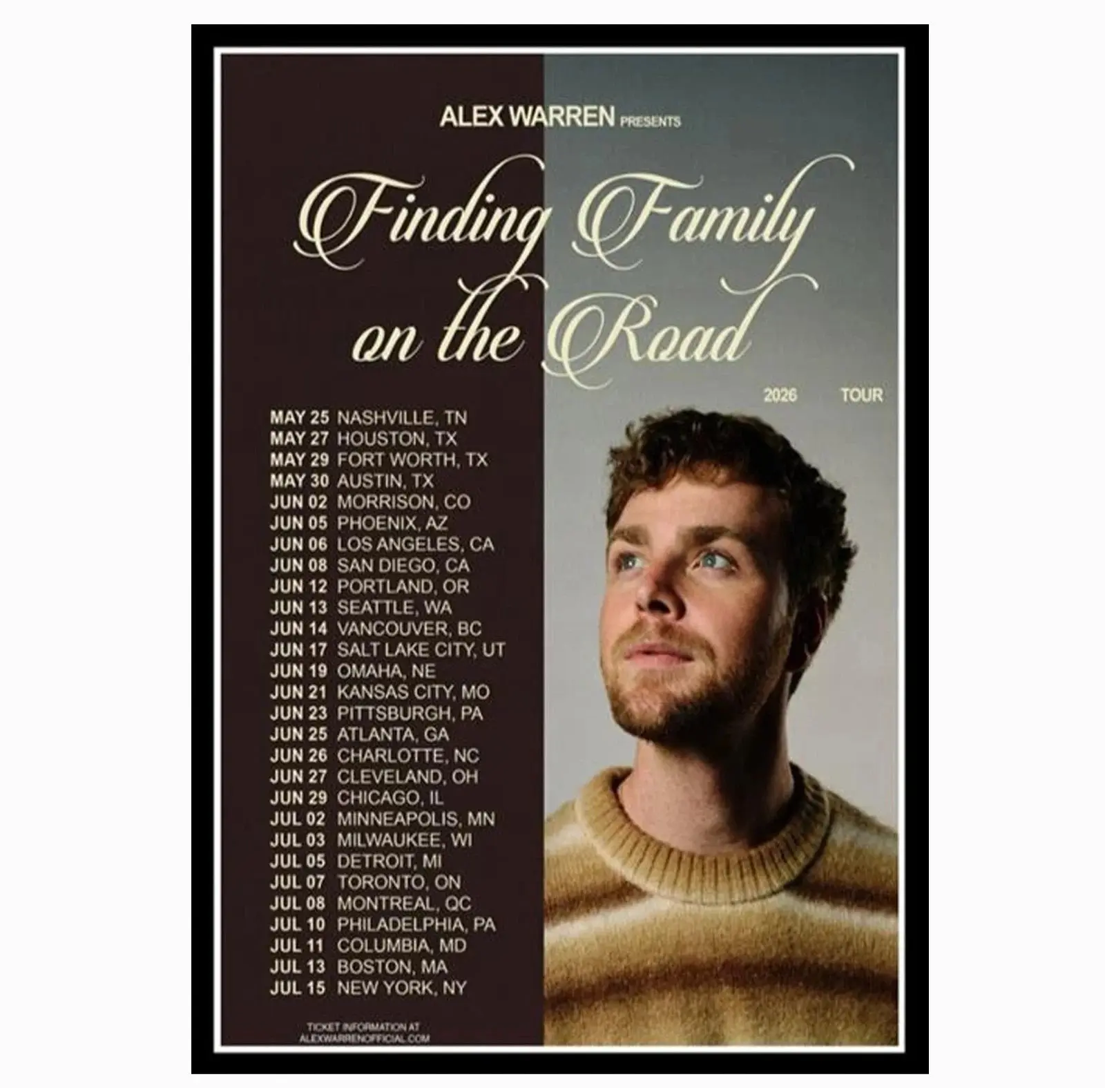 Alex Warren Finding Family on the Road 2026 Tour Concert Poster