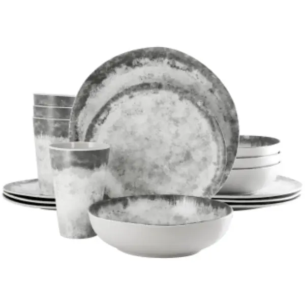 Gibson Elite 16-Piece Organic Decal Melamine Tableware Set - Stylish, Round-Shaped, Gray, Ideal for Indoor Use