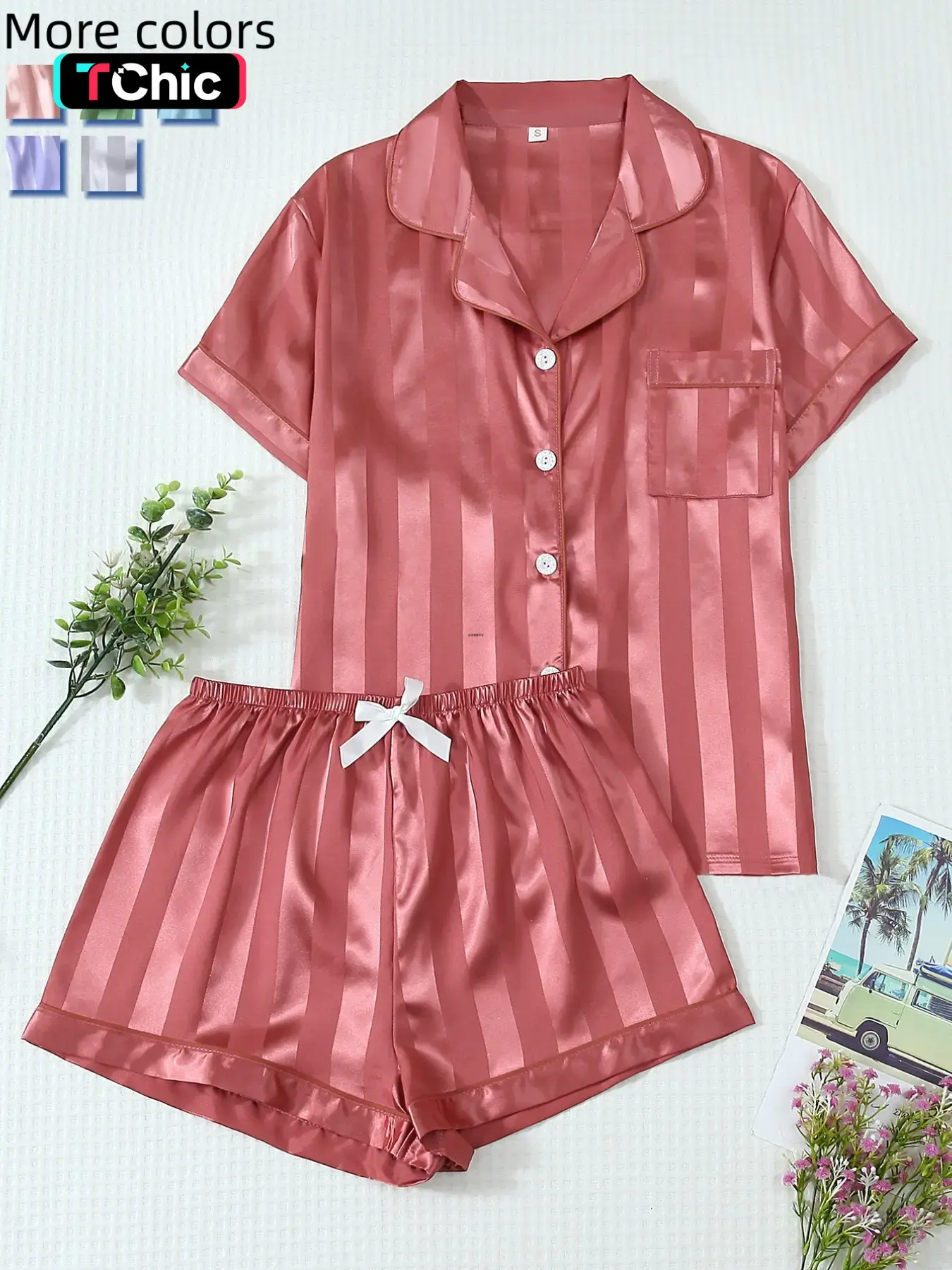 Women's 2-Piece Satin Pajama Set, Striped Collared Short Sleeve Top with Pockets, Bow Shorts, Casual Home Wear, Fitted Style, Loungewear, Homewear, Nightwear, Pjs, Pyjamas