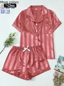 Women's 2-Piece Satin Pajama Set, Striped Collared Short Sleeve Top with Pockets, Bow Shorts, Casual Home Wear, Loungewear, Fitted Style, Pjs