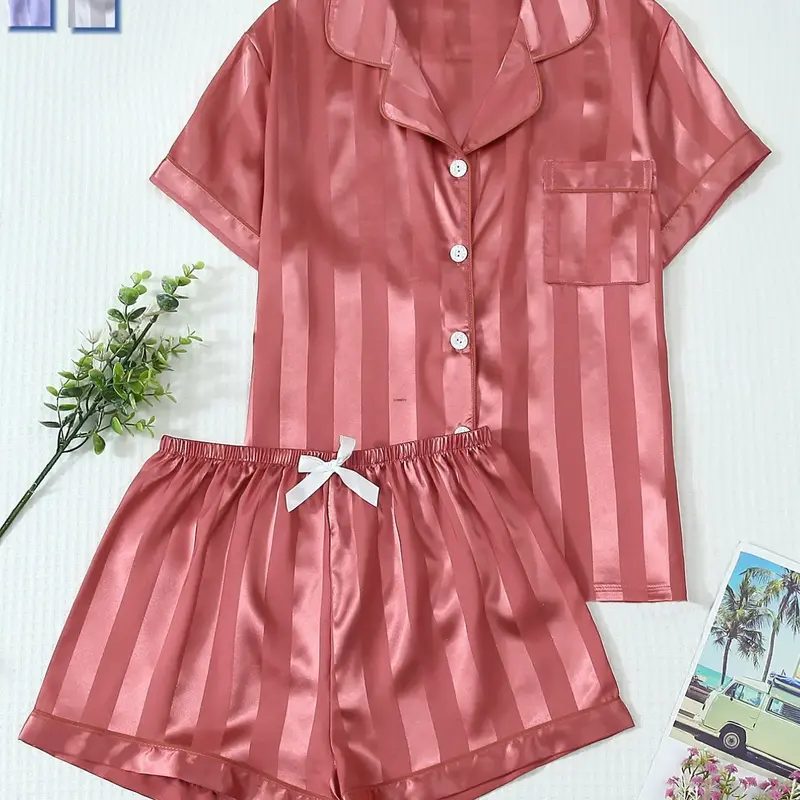 Women's 2-Piece Satin Pajama Set, Striped Collared Short Sleeve Top with Pockets, Bow Shorts, Loungewear Shorts Sets, Casual Home Wear, Fitted Style, Loungewear, Loungewear Outfit, Homewear, Nightwear, Pjs, Pyjamas