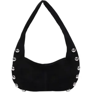 Suede Purse Studded Hobo Shoulder Suede Bag for Women Crescent Purse Soft Underarm Bag with Silver Ball Rivets Trendy Alt
