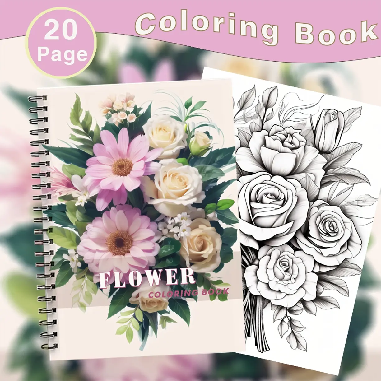 One original creative coloring book - Flower Coloring Book for Adults, Watercolor floral design: 20 pages, 100g extra-thick paper, perfect for sustained creativity - the perfect gift for friends, lovers, family for New Year's, Christmas