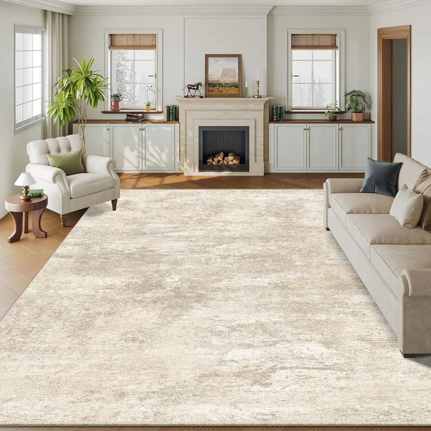 ComiComi Washable Rug Living Room Rugs, Modern Abstract Area Rug Indoor Floor No Slip Large Rug for Bedroom, Foldable Soft Low Pile Carpet (Beige, 6'x9')