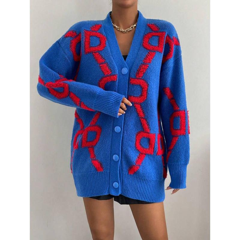 Letter Pattern Drop Shoulder Cardigan,Long Sleeve Tops Fall Winter Cloth For Women Fabric Fit