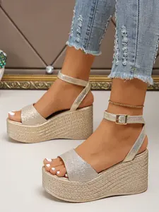 Women's High Heel Sandals, Thick Sole Wedge Shoes, 5-8 Cm Heel Height, Rhinestone Panel Design, Metal Buckle, Summer Casual Vacation