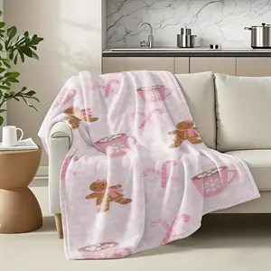 Cozy Pink Gingerbread & Candy Cane Print Throw Blanket - Lightweight, Soft Polyester, All-Season Comfort for Sofa, Bed, Office, Camping & Travel - Ideal Holiday Gift, Versatile Blanket|Playful Design|