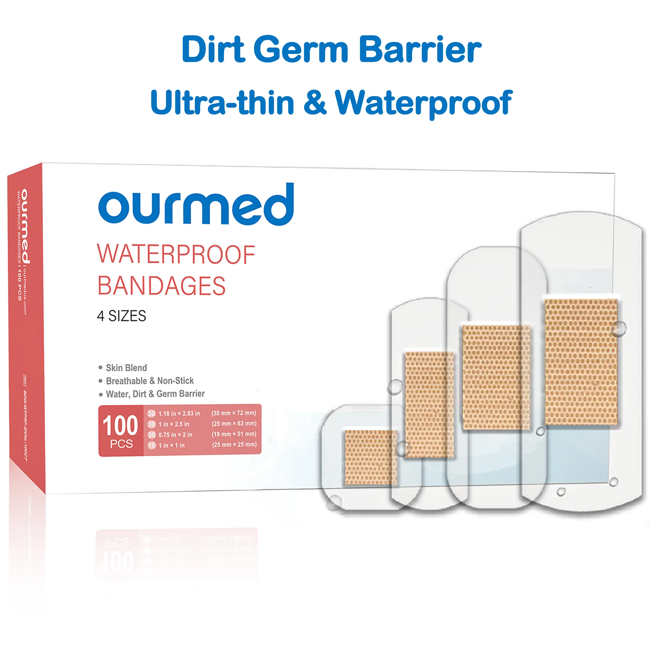 Ourmed Waterproof Bandaids, 100-Count Assorted Sizes Adhesive Bandages for First-Aid, Wound Care, Fingers, Knees, Heels, Stays on in Bath, Shower, Pool for Summer Water Activities