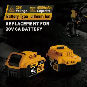 Dewalt 20v 6.0Ah Lithium Ion Battery Set, Non-Oem, Long Runtime, Fast Charging, Lithium Rechargeable Battery Replacement, Cordless Tool Batteries, Compatible with Dcb201, Dcb200, Dcb205, Dcb207, Dcb206