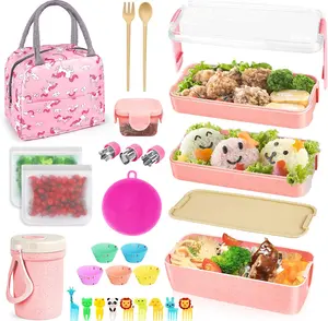 [ UNLIMITED SALES ] 27 PCs Bento Box Lunch Kit, Stackable 3-in-1 Compartment Japanese Set w/Soup Cup Sauce Can, Spoon Fork, Cake Cups, Fruit Picks, Snack Bags, Leakproof Containers