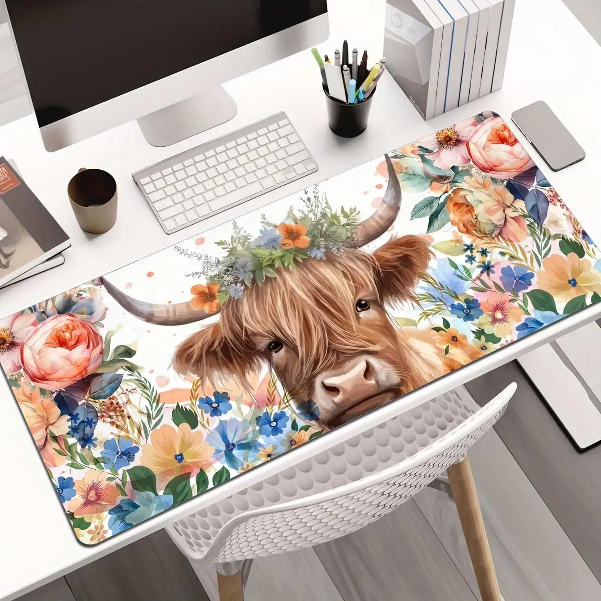 Cow & Floral Pattern Extended Mouse Pad, Durable & Washable Mouse Pad, Large Gaming Mouse Mat with Non-slip Rubber Base for Gamers, Office, Study