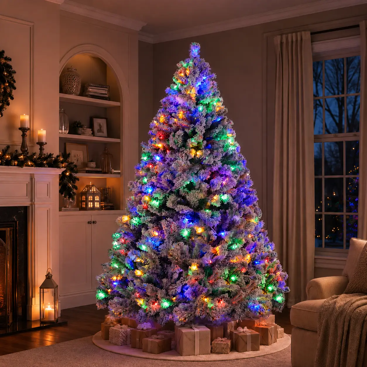 【Multicolored LED Lights】Costoffs 6/7.5/9FT Pre-lit Flocked Christmas Tree with Foldable Stand, Artificial Holiday Fir with Multicolored LED Light