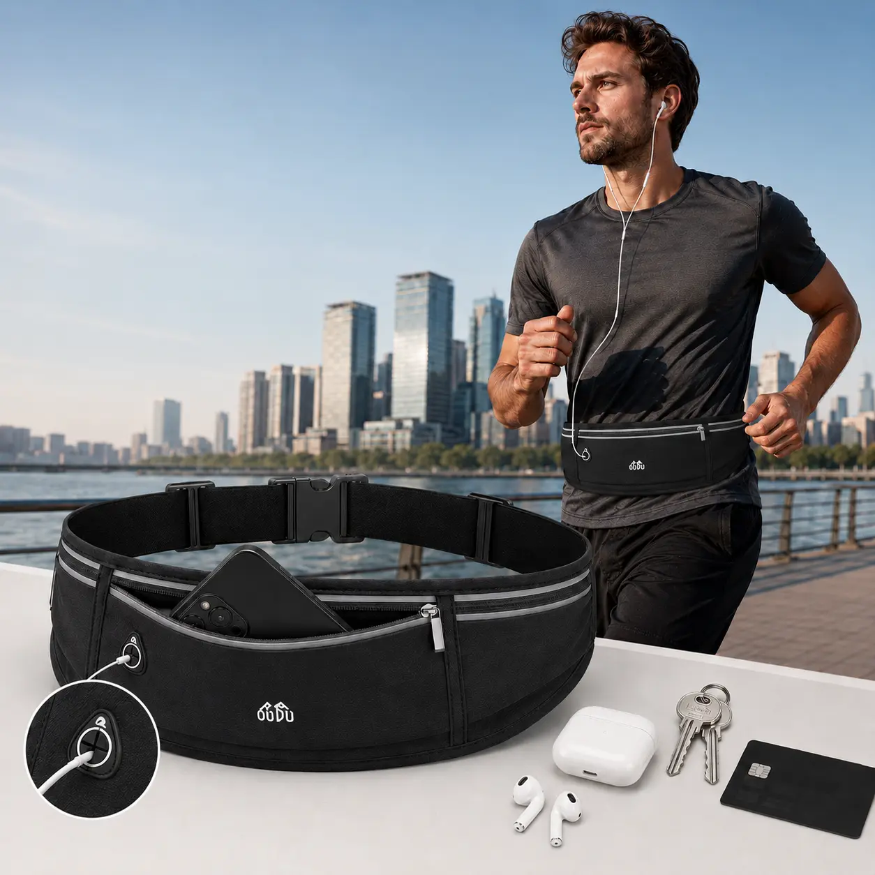 Lightweight Waist Pack, Water-Resistant & Slim-Fit Activewear Belt for Unisex Adults with 3-Zip Pockets, Phone Holder & Headphone Port for Running, Training, Accessories