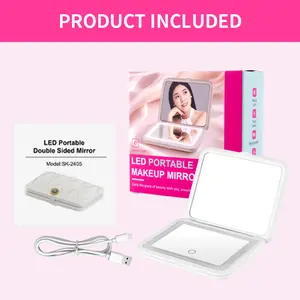 LED portable markup mirror, quilted pocket mirror with LED lights, 360 ring fill light, square rhombus case texture Balancing Facial Reflection Mirror Compact Magnifying Makeup Mirror with Suction Cups Rechargeable Handheld