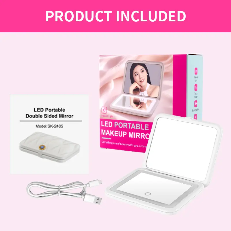 LED portable markup mirror, quilted pocket mirror with LED lights, 360 ring fill light, square rhombus case texture Balancing Facial Reflection Mirror Compact Magnifying Makeup Mirror with Suction Cups Rechargeable Handheld