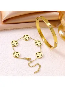 Gold Tone Clover Charm Bracelet & Bangle Set for Women, Dainty Flower Link Bracelet with CZ Bangle, Elegant Everyday Jewelry