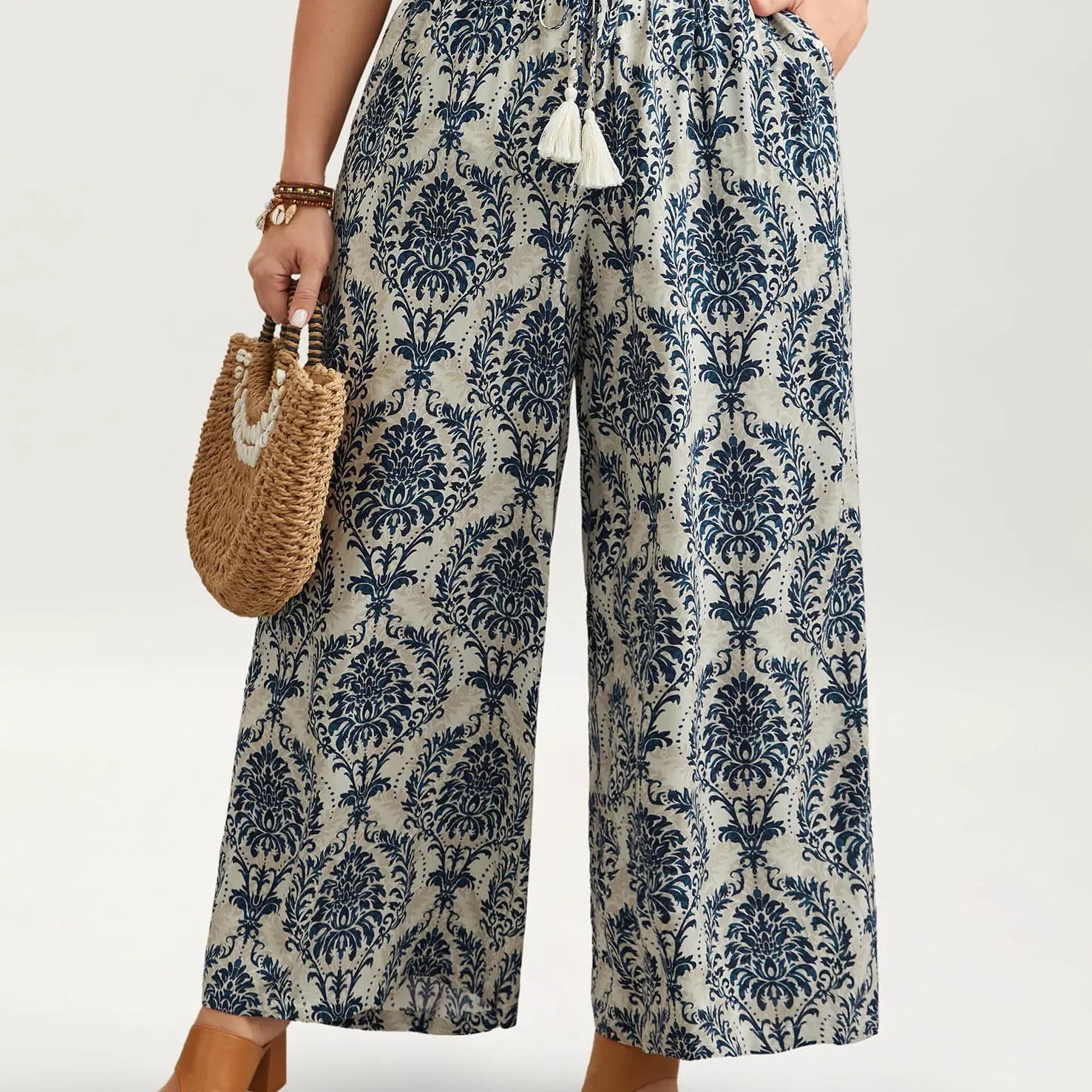 BloomChic Damask Print Tassel Straight-Leg Pants 【M-6XL】