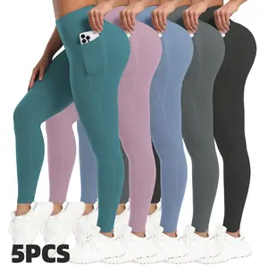 CHRLEISURE 5/6 Pack High Waisted Sports Leggings with Pockets for Women Soft Athletic Tummy Control Pants for Running Cycling Yoga Workout Leggings in 5 Colors