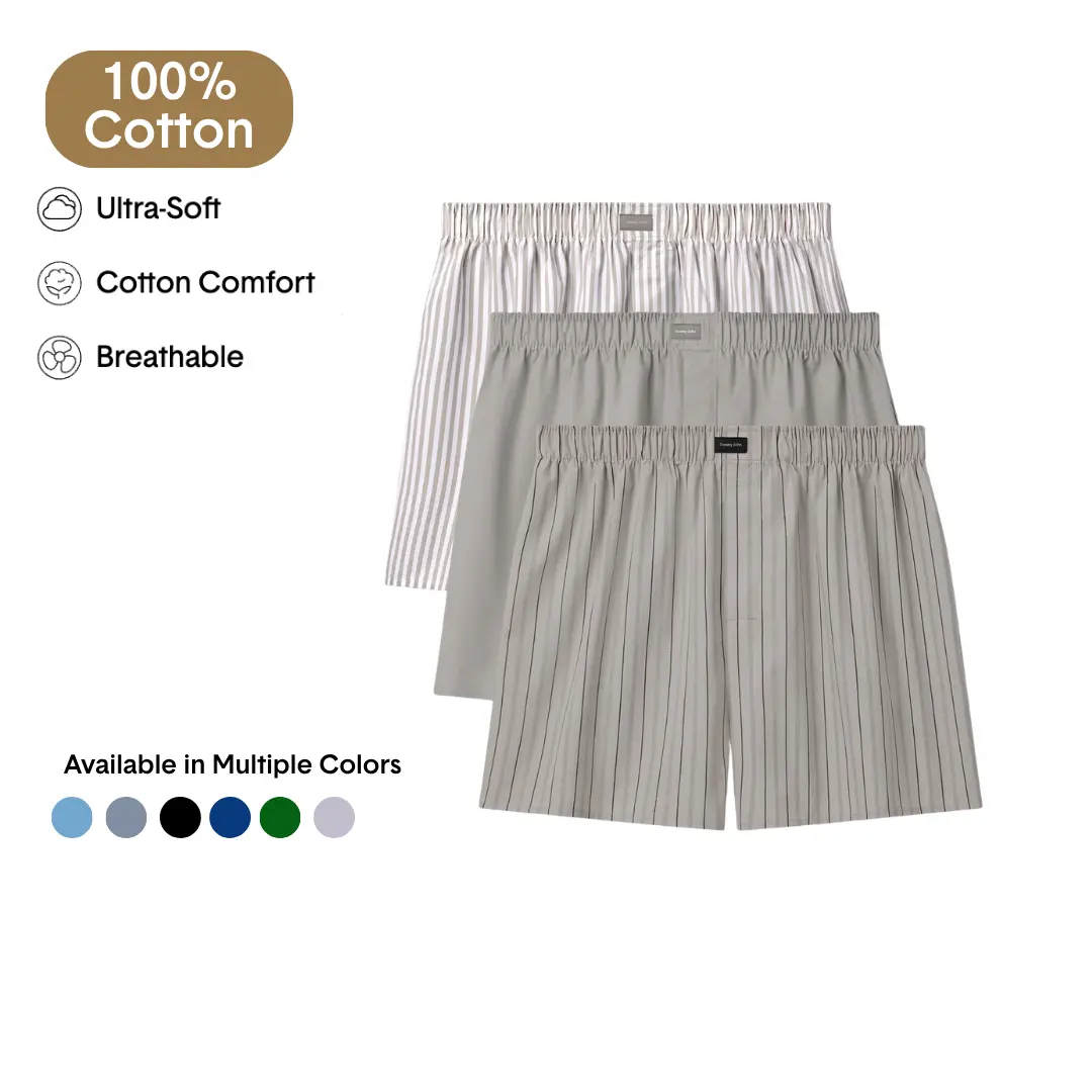 Tommy John Men’s Woven Boxer Shorts, 100% Cotton, Breathable Comfort Fit, Tagless Waistband, 3-Pack