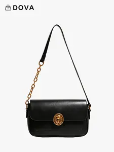 DOVA Vintage Smooth Leather Baguette Shoulder Bag for Women  Golden Bear Embossed Lock Clasp & Chain-Leather Strap Compact Capacity Crossbody Bag for Work & Daily Dating Use (9.05" L)