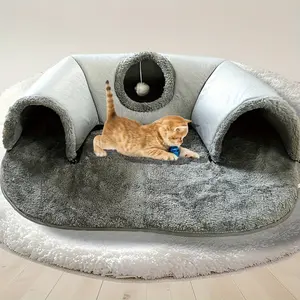 Three-In-One Comfort Cat Tunnel Bed Mat with Non-Slip Base, Play Pad & Warm Nest for Small to Medium Cats, Rabbits & Hamsters