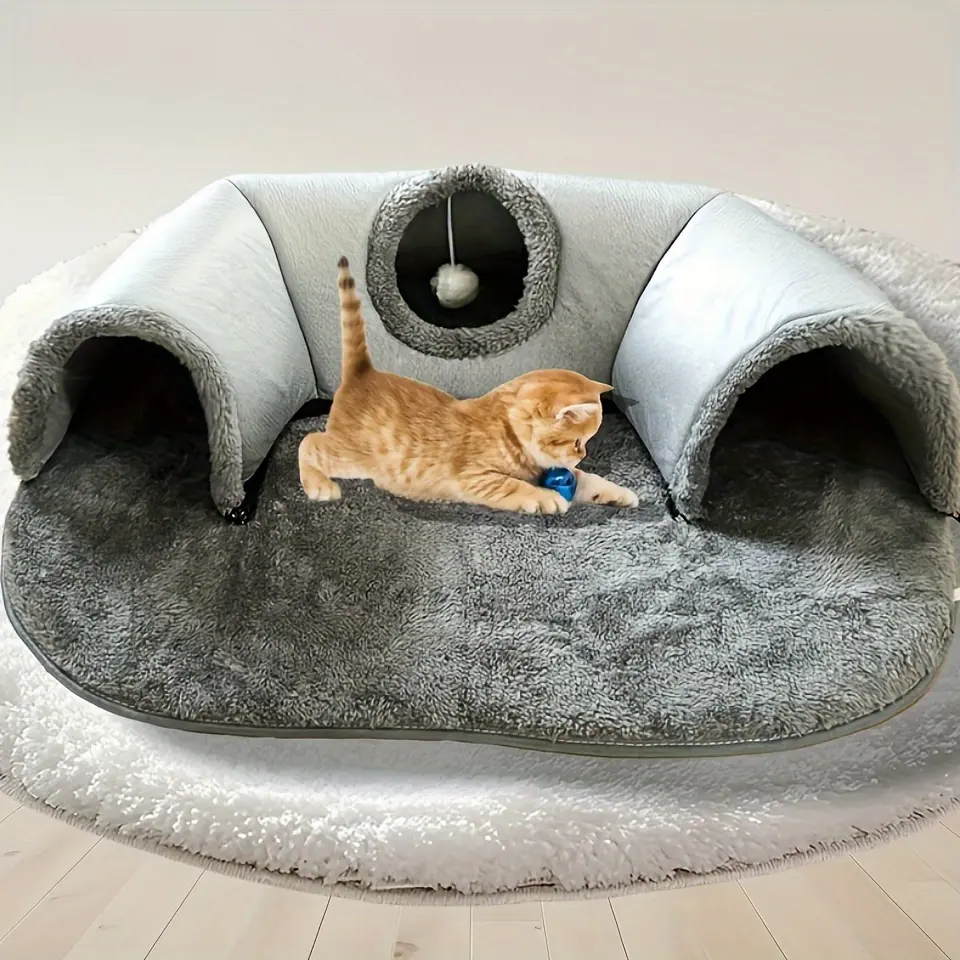 Three-In-One Comfort Cat Tunnel Bed Mat with Non-Slip Base, Play Pad, Ball & Warm Nest for Small to Medium Cats, Rabbits & Hamsters