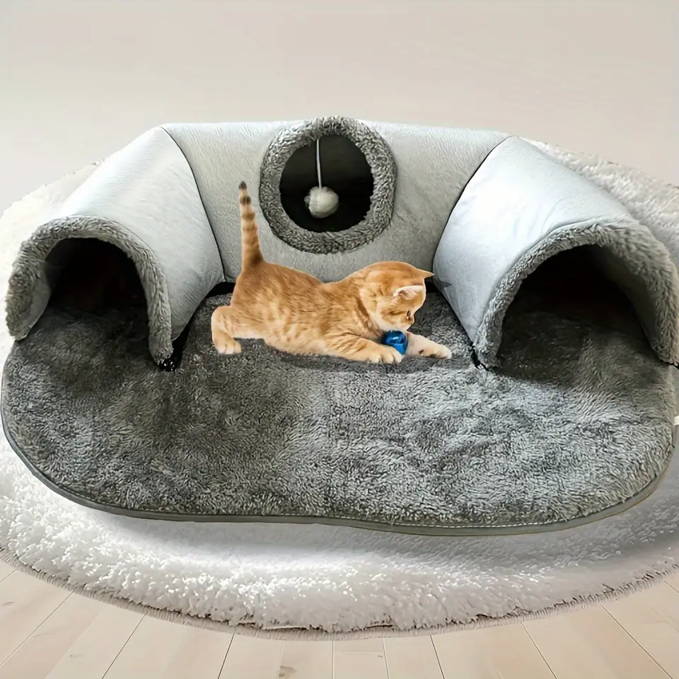 Three-In-One Comfort Cat Tunnel Bed Mat with Non-Slip Base, Play Pad & Warm Nest for Small to Medium Cats, Rabbits & Hamsters
