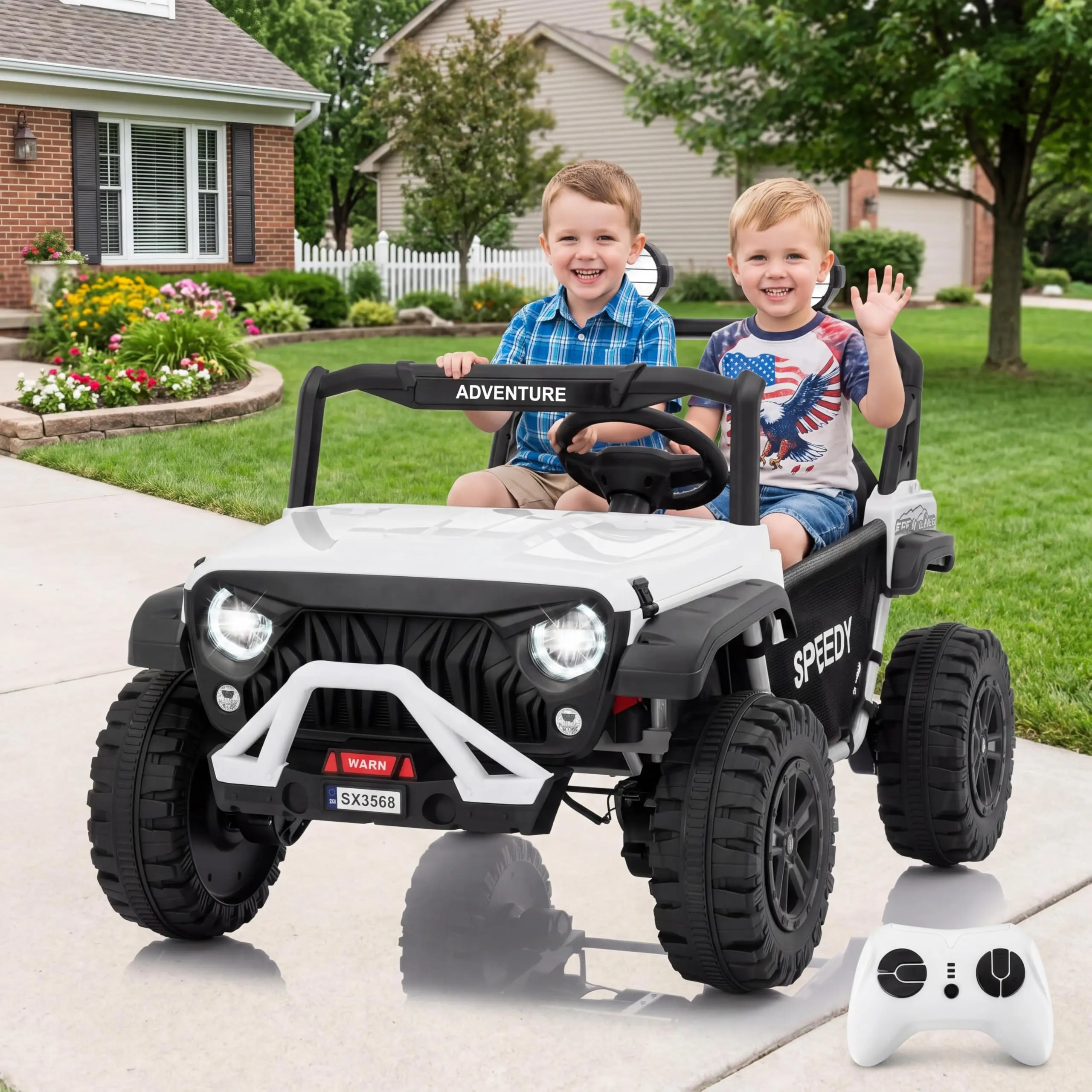 24V 4WD Battery-Powered 2-Seater Ride-On UTV Truck - 22mm Reinforced Steel Frame, Up to 65 Ft Remote Control, Bluetooth, Safety Harnesses, 132 Lb Capacity, Spring Suspension, Front/Rear LED Lights, Dual Storage Compartments, 3 Speed Settings for Big Kids,