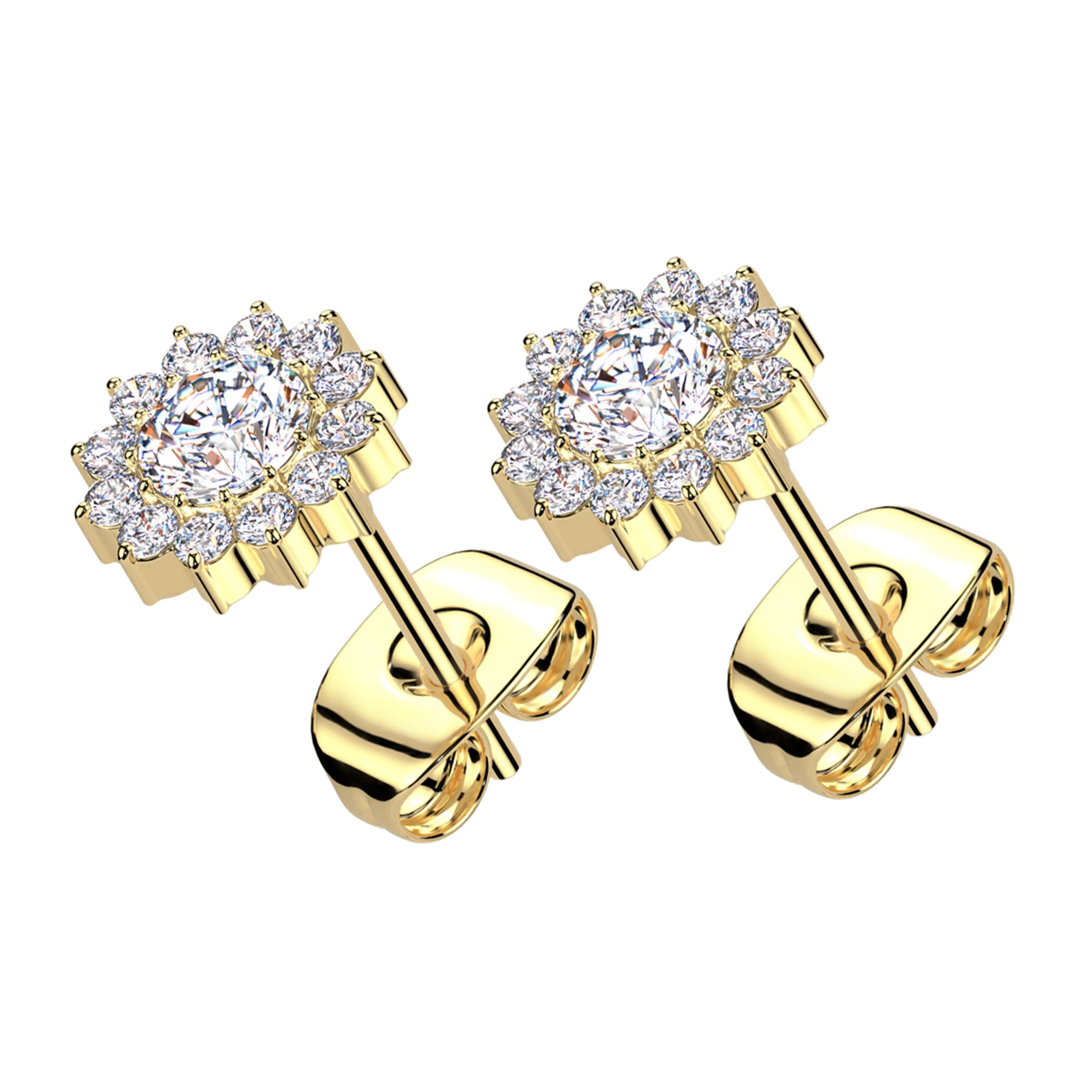 Gold PVD Spherical Flower Clear CZ Titanium Stud Earrings