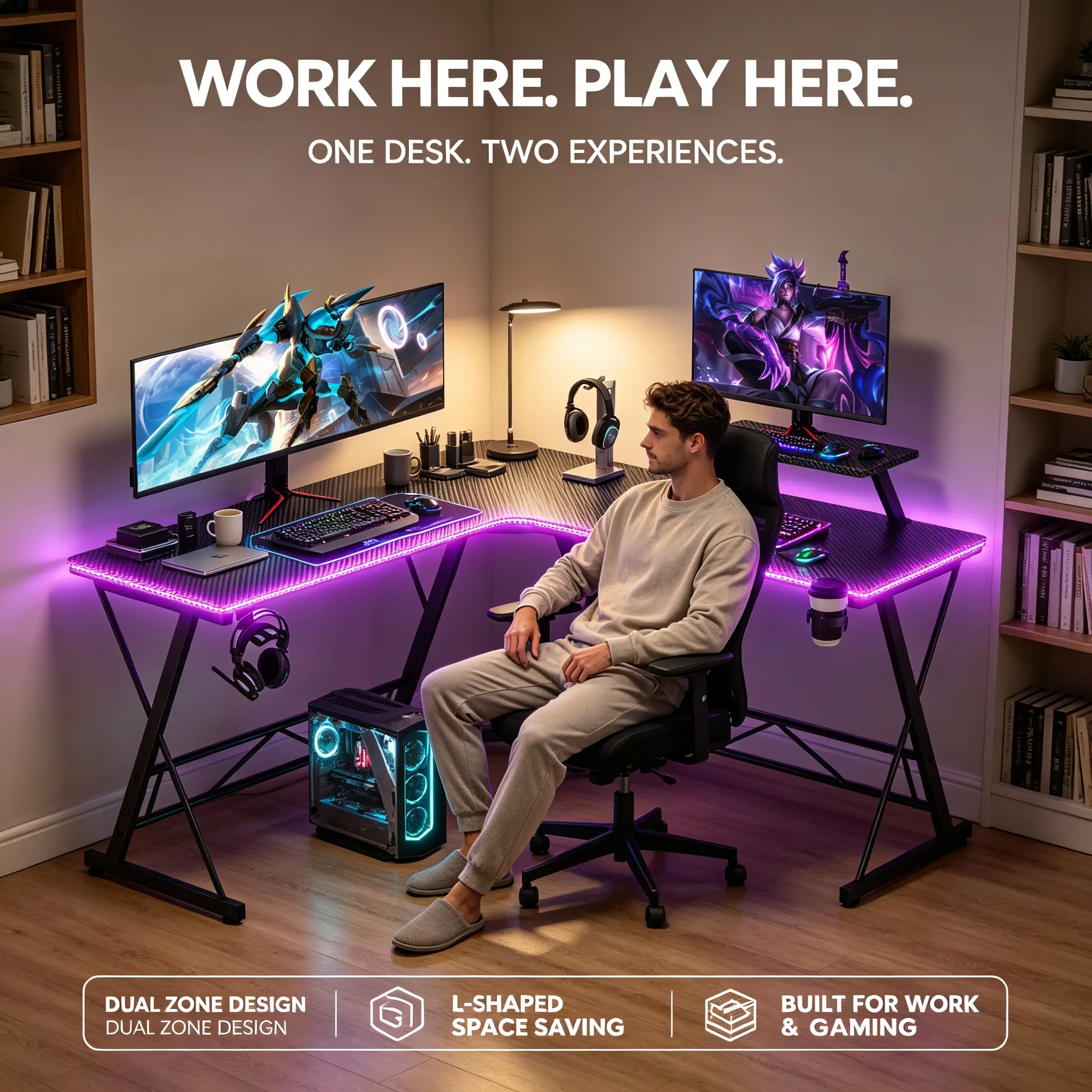 Mr IRONSTONE Gaming Desk with Led Lights, L Shaped Gaming Desk Corner Computer Deskcomputer Desk with Carbon Fiber Surface, Easy to Assemble, 51 inch