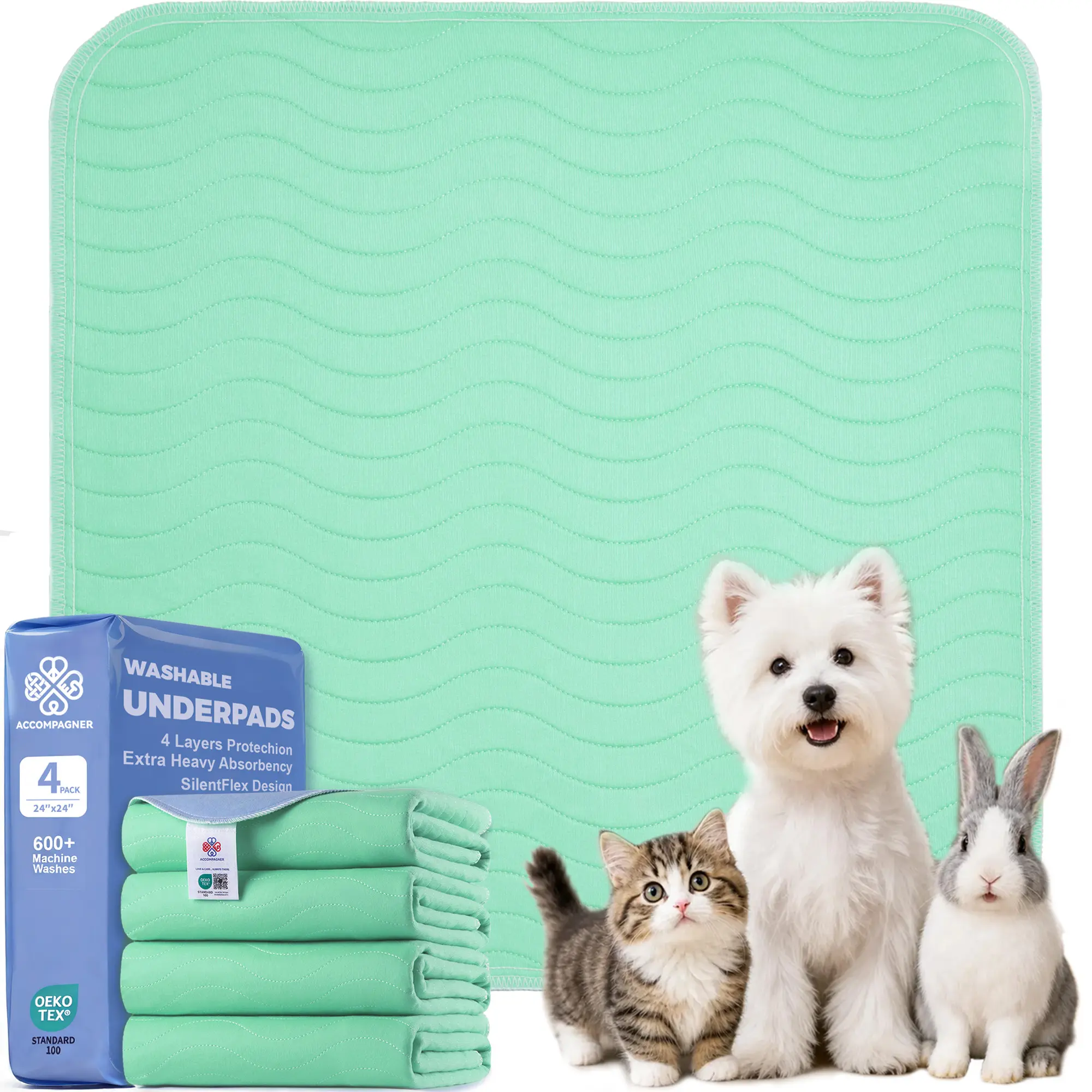 Sage Green Polyester-Viscose Dog & Cat Absorptive Pee Pad, 4-Layer Leak-Proof Quiet Surface Protection - No Crinkle, No Ugly Plastic, Chic Floor-Saving Mat, 600-Wash Guilt-Free Aesthetic Pet Pad, Absorptive Pads