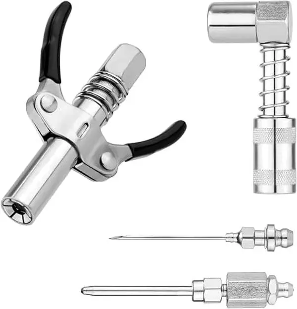 Carbon Steel 4-Piece Fitting Kit - 90° Coupler Adapter, Double Handle Coupler, Grease Needle, Needle Tip Dispenser - Universal Fit for 1/8" NPT Tools, Ideal for Grease Points