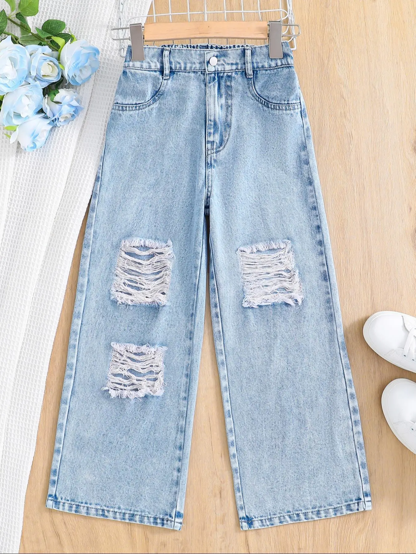 Toddler Girl's Plain Ripped Straight Leg Jeans, Casual Comfy Denim Trousers for Spring & Fall, Kids Bottoms for Daily Wear