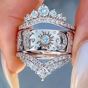 RYYM Women's Vintage Bohemian Wide Ring - K Gothic Cocktail Ring with Synthetic Zirconia Inlay, Moon & Sun Phrases, April Birthstone for Mardi Gras, Wedding, Party Accessories - Year-Round Elegant Daily Wear