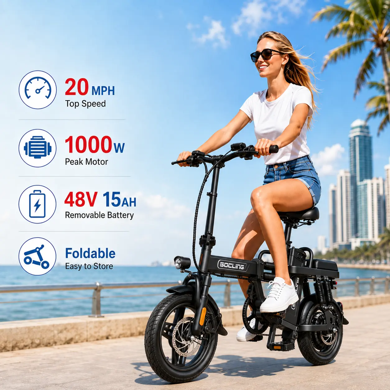 Adult Folding Electric Bike, 1000W Peak Power, Up to 20MPH Speed, 30 Mi Range, 48V 15Ah Removable Battery, 14" Tubeless Tires, Dual Seat, Multi-Shock Suspension, Front & Rear Disc Brakes, 3 Riding Modes, Remote Anti-Theft Alarm & 1-Click Start tiktokshopb